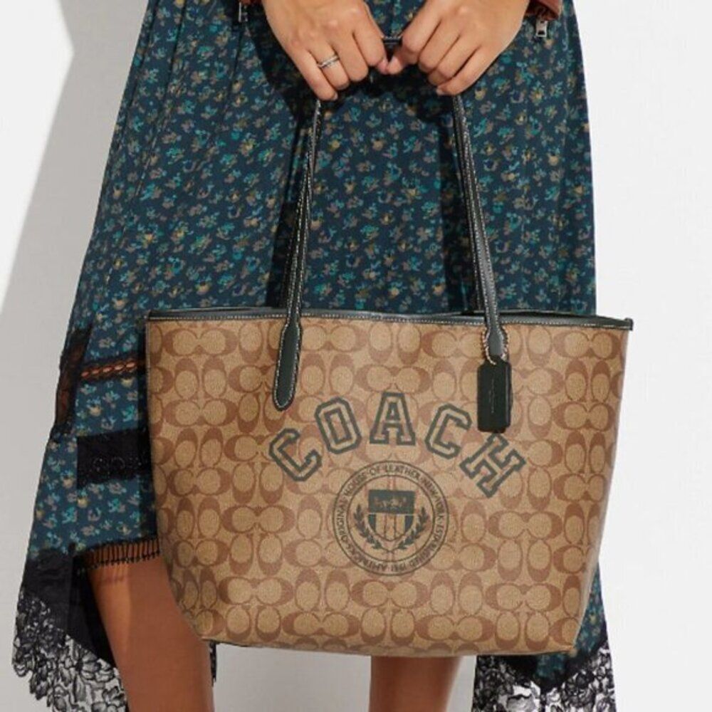 Coach City Tote Leather Signature Canvas With Varsity Motif